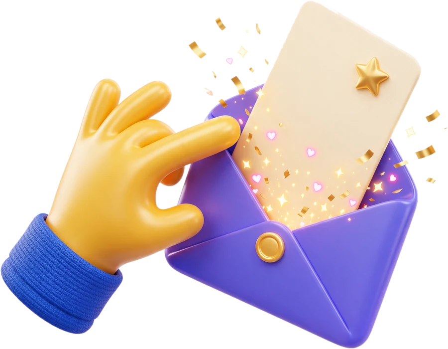 A cartoon hand opening a purple envelope with a glowing invite card and confetti bursting out
